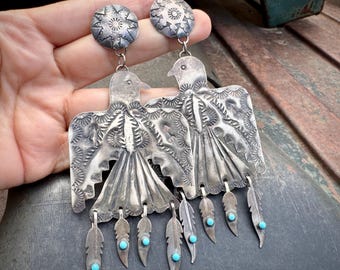 Huge Thunderbird Earrings by Navajo Tawney Cruz, 2" Wide x 4.75" Long, Native American