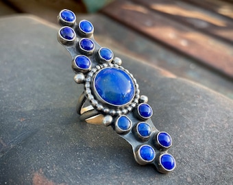 Navajo Readda Begay Blue Lapis Lazuli Long Ring Size 8.75, Native America Indian Jewelry for Women, Girlfriend Gift Anniversary, Rodeo Style