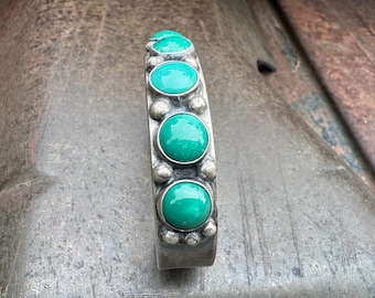 Round Turquoise Stone Row Bracelet Size 6.625, Sterling Silver Stamped Oval Design