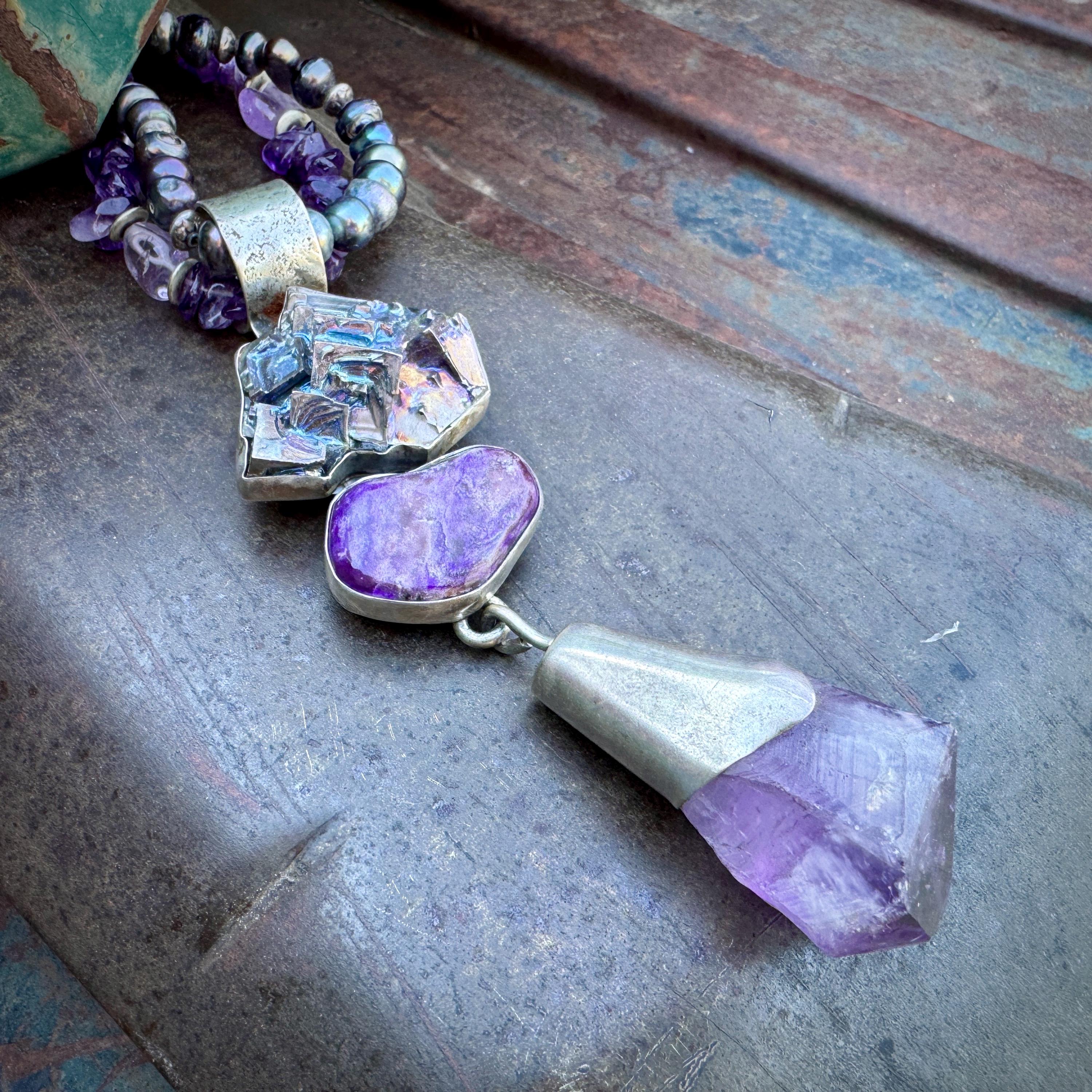 Sterling Silver Amethyst Bismuth Crystal Pendant 5.375 on Beaded