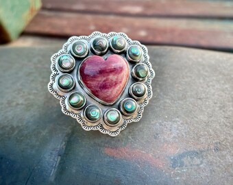 Abalone and Purple Spiny Oyster Heart Ring Size 8.5 (Slightly Adj) by Navajo Mary Jane Garcia