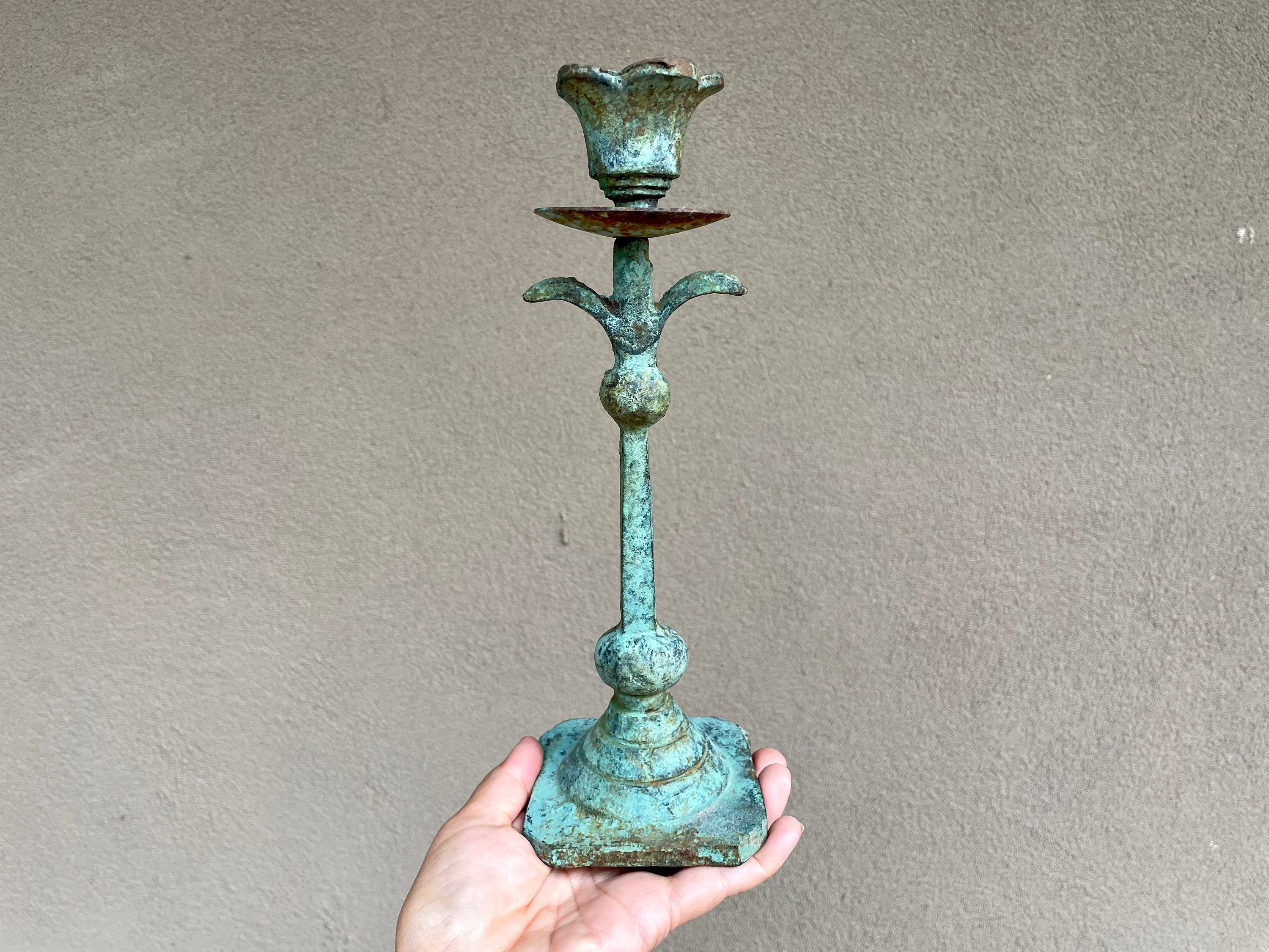 Single Vintage Verdigris Metal Flower Candlestick Candle Holder, Copper Alloy, Rustic Decor