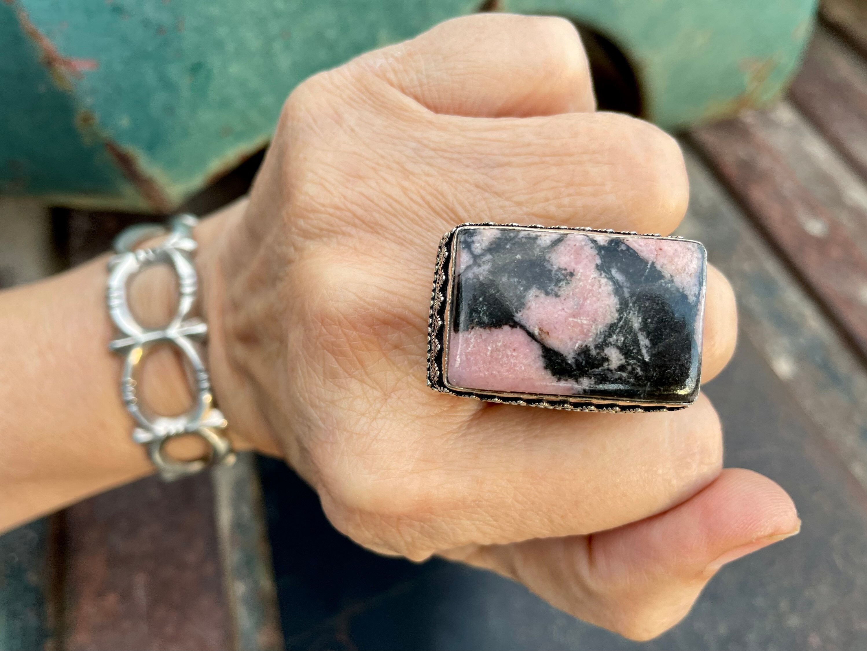 Pink and Black Rhodonite Huge Ring Size 9.75 with Tribal Silver, Spring ...