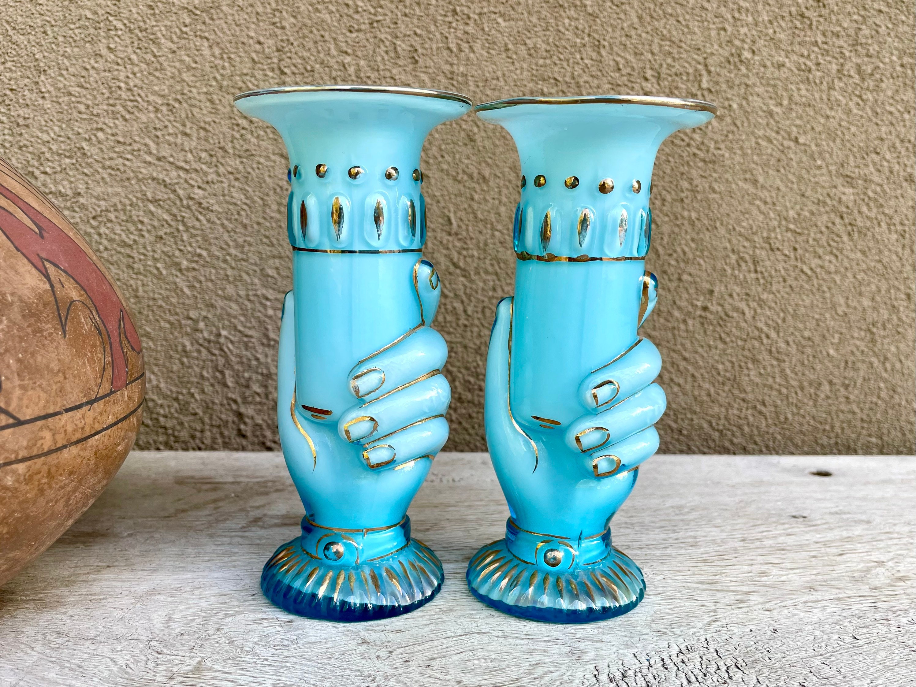 Pair of Antique Mold Blown Czechoslovakian Art Glass Hand Vases Circa 19181938, Bohemian Decor