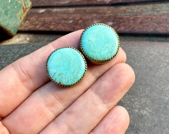 Simple Thick Round Turquoise in Brass Setting Post Earrings .75" Diameter, Signed Artisan Jewelry