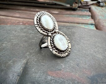 Sterling Silver Mother of Pearl Ring for Women Size 7.75, Traditional Navajo Two-Stone Design