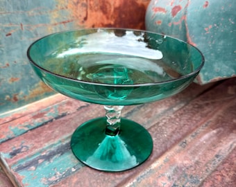 Art Glass Compote with Twisted Stem, Green-Teal Color, Empoli Murano Style