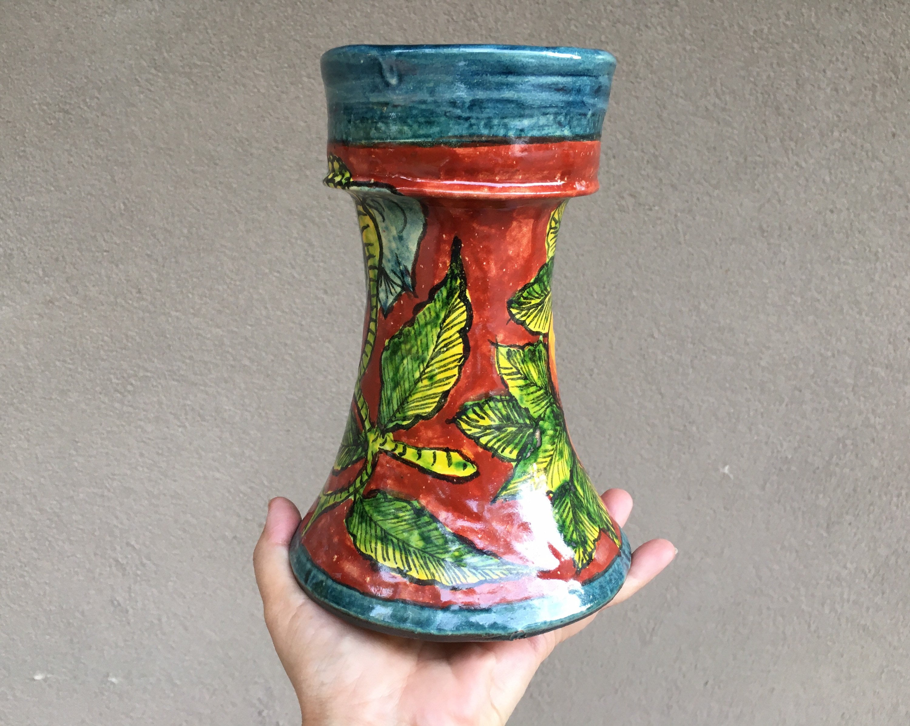 Vintage Mexican Pottery Fruit Design Pillar Candle Holder, Santa Rosa