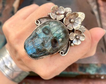 Carved Labradorite Skeleton Skull Ring in Silver Plated Bezel, Day of the Dead Jewelry