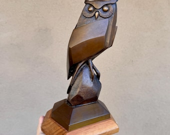 Bronze Owl Statuette on Teak Wood Base, Approx 9", Signed D.R.C. ‘91
