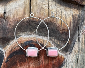 Sterling Silver Pink Conch Shell Hoop Earrings by Navajo Elmer Kee, Native American Jewelry