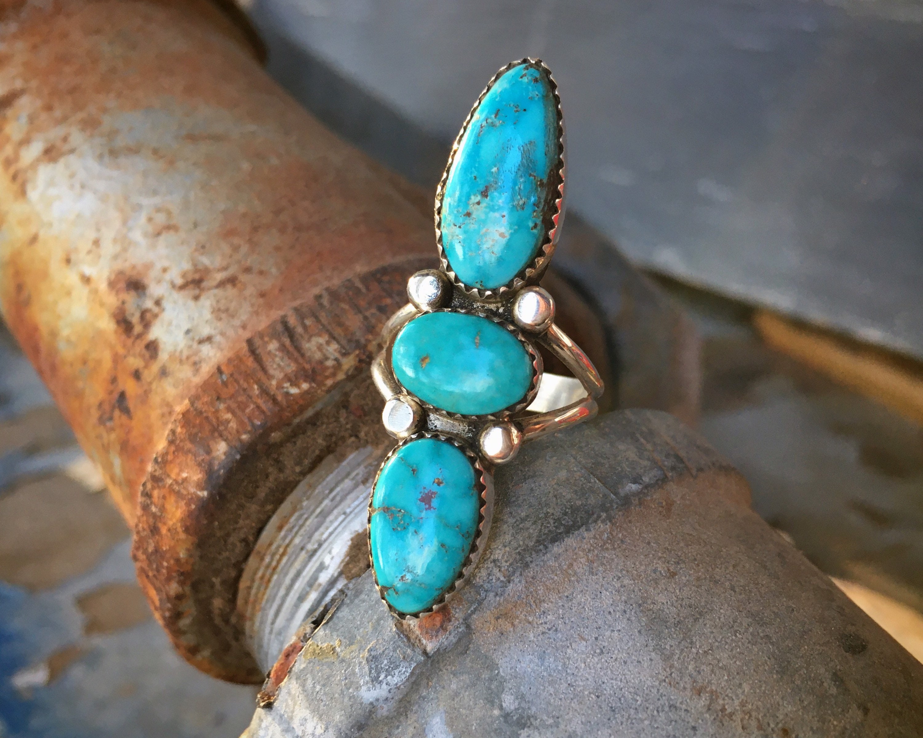 1-7/8 Long Turquoise Ring for Women Size 9, Southwestern Native America 