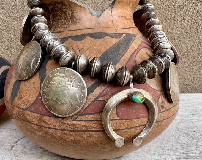 Featured listing image: Old U.S. Coin Squash Blossom Necklace of 1920s Liberty Dollars 1930s Mercury Dimes 419g