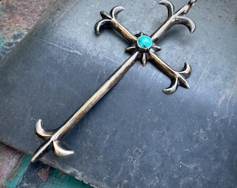 Vintage Sandcast Silver Turquoise Fleur de Lis Cross Pendant Elegant & Long 4.75", Small Bale