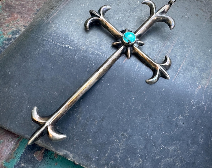 Featured listing image: Vintage Sandcast Silver Turquoise Fleur de Lis Cross Pendant Elegant & Long 4.75", Small Bale