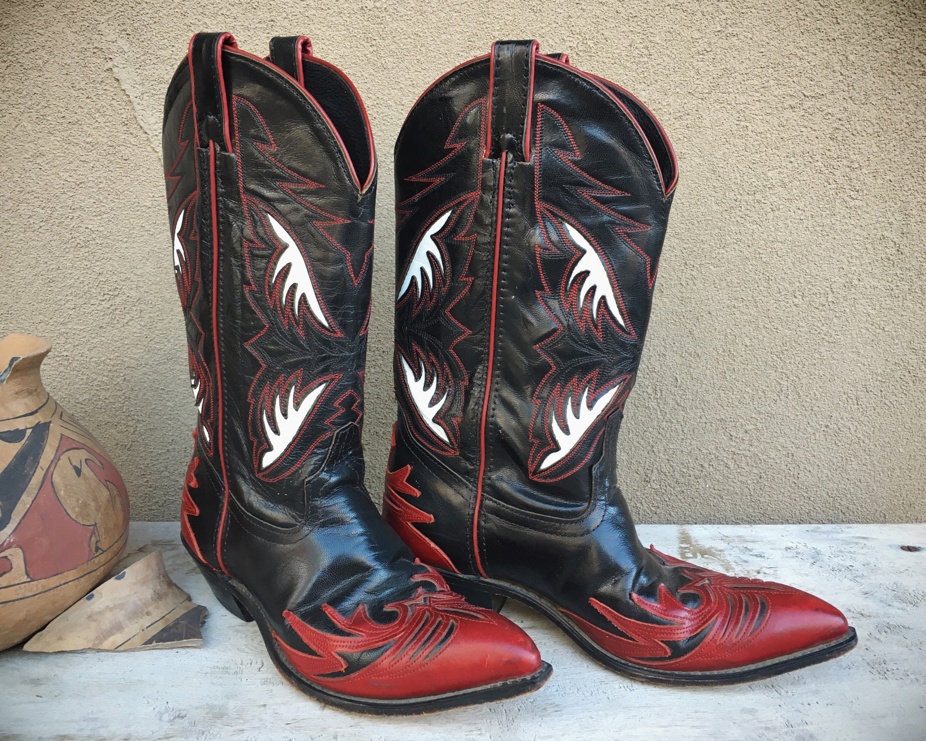 Vintage Black Red Leather Cowgirl Boot Size 9 (Run Small) Code West ...
