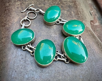Vintage Green Stone Sterling Silver Hinged Link Bracelet, Chrysoprase?, Approx 7.5" to 8"