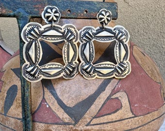 Square Frame Sterling Silver Repousse Earrings by Navajo Leander Tahe, Native American Jewelry