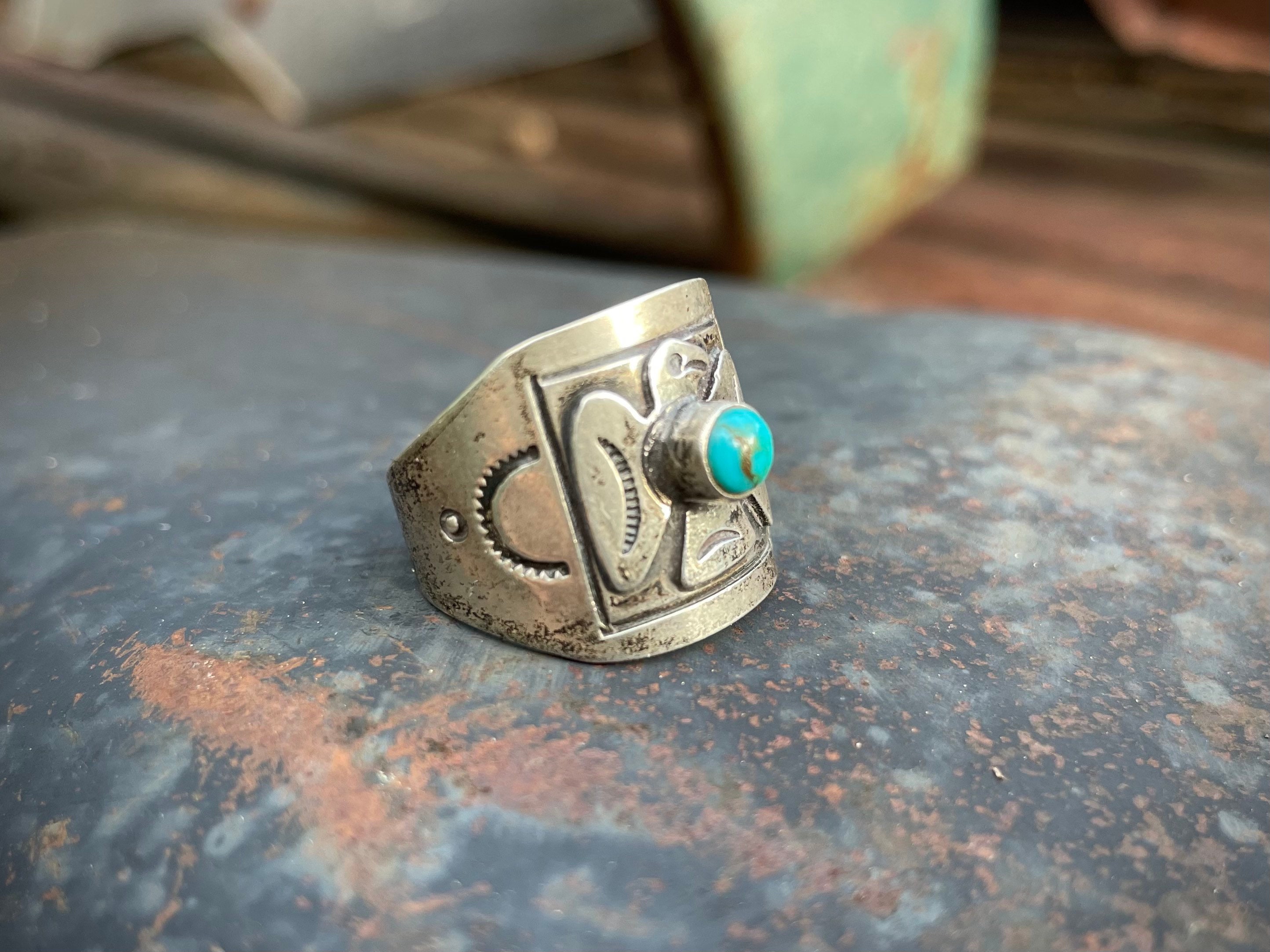 Fred Harvey Era Vintage Turquoise Ring Thunderbird Size 8.5 Fred Harvey Era Vintage Turquoise Ring Thunderbird Size 8.5