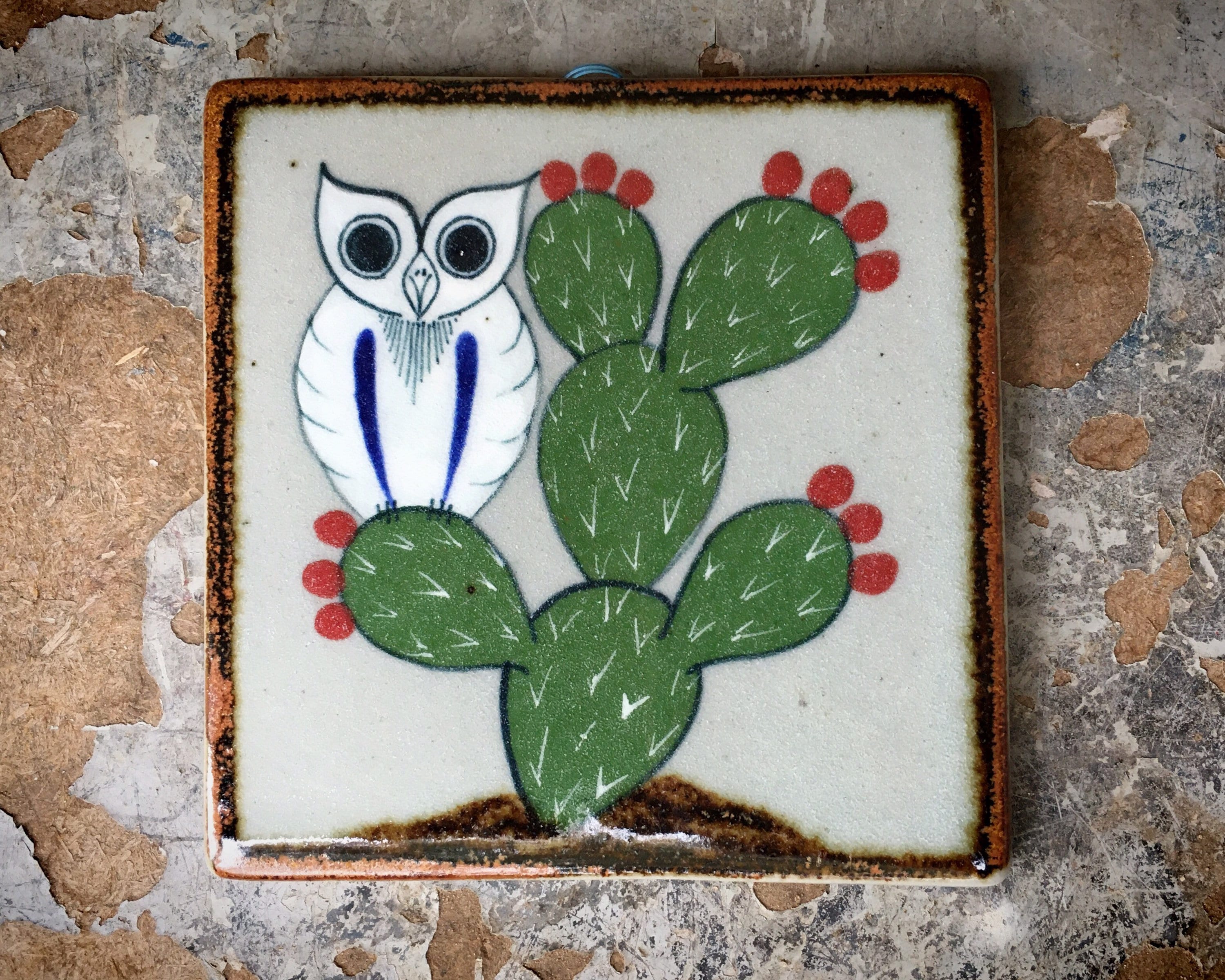 Small 4x4 Vintage Mexican Ceramic Tile Wall Hanging of Owl