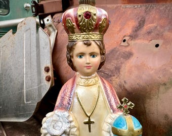 Vintage Chalkware Statue Holy Infant of Prague Distressed & Hand Missing, Columbia Statuary