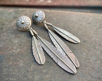 Vintage Silver Concho Button Post Earrings with Feathers, Navajo Native American Indian Jewelry Women's, Birthday Gift Mother, Rodeo Style