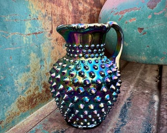 Vintage Fenton Carnival Glass Blue-Purple Hobnail Pitcher Small 5.5" Tall, Syrup Holder