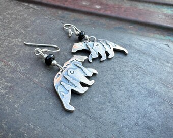 Vintage Sterling Silver Overlay Bear Dangle Earrings w/ Mountain Scene, Southwestern Jewelry