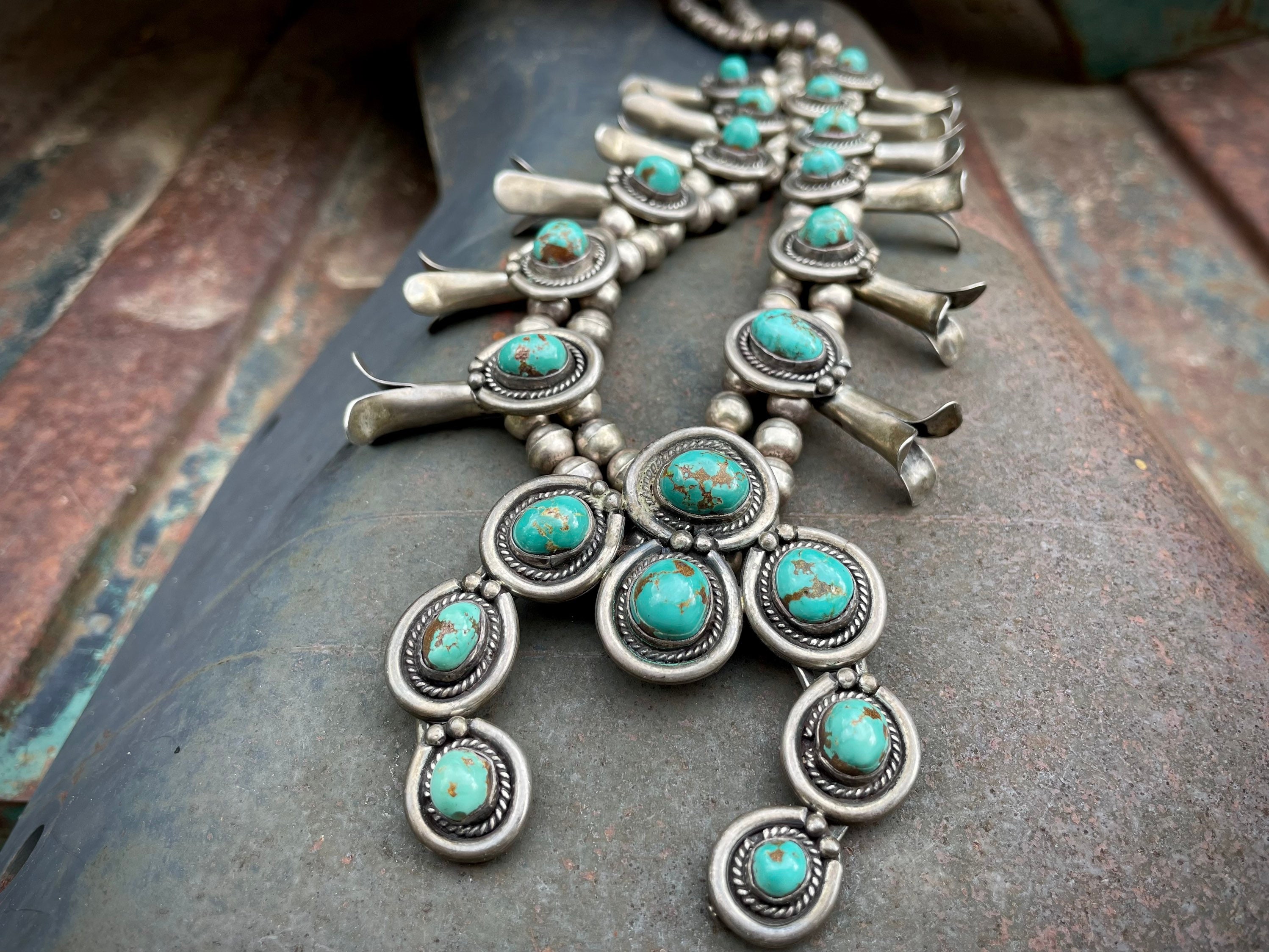 Navajo Squash Blossom Necklace Morenci Turquoise Sterling Silver 420 gr!  MASSIVE