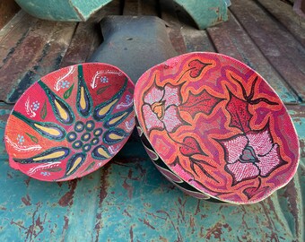 Two Vintage Painted Gourds Sculptural Bowls Made in Mexico by Pepe Santiago, Folk Art Gifts