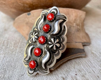 Huge Sterling Silver and Coral Concho Shield Ring Size 9 (Adj), Navajo Native American Jewelry