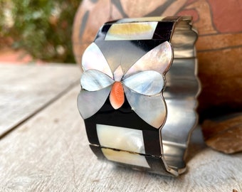 Vintage German Silver Multi-Stone Inlay Bangle Bracelet with Butterfly Design, Costume Estate Jewelry for Woman, Girlfiend Gift, Taxco Style