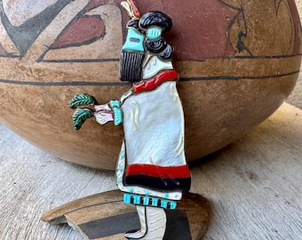 Vintage Zuni Female Rain Dancer Pendant Brooch Pin, Signed Andrea Lonjose, Multi Stone Shell