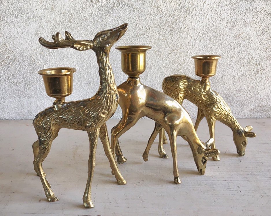Vintage Brass Deer Candle Holders, Christmas Deer Buck Doe Family