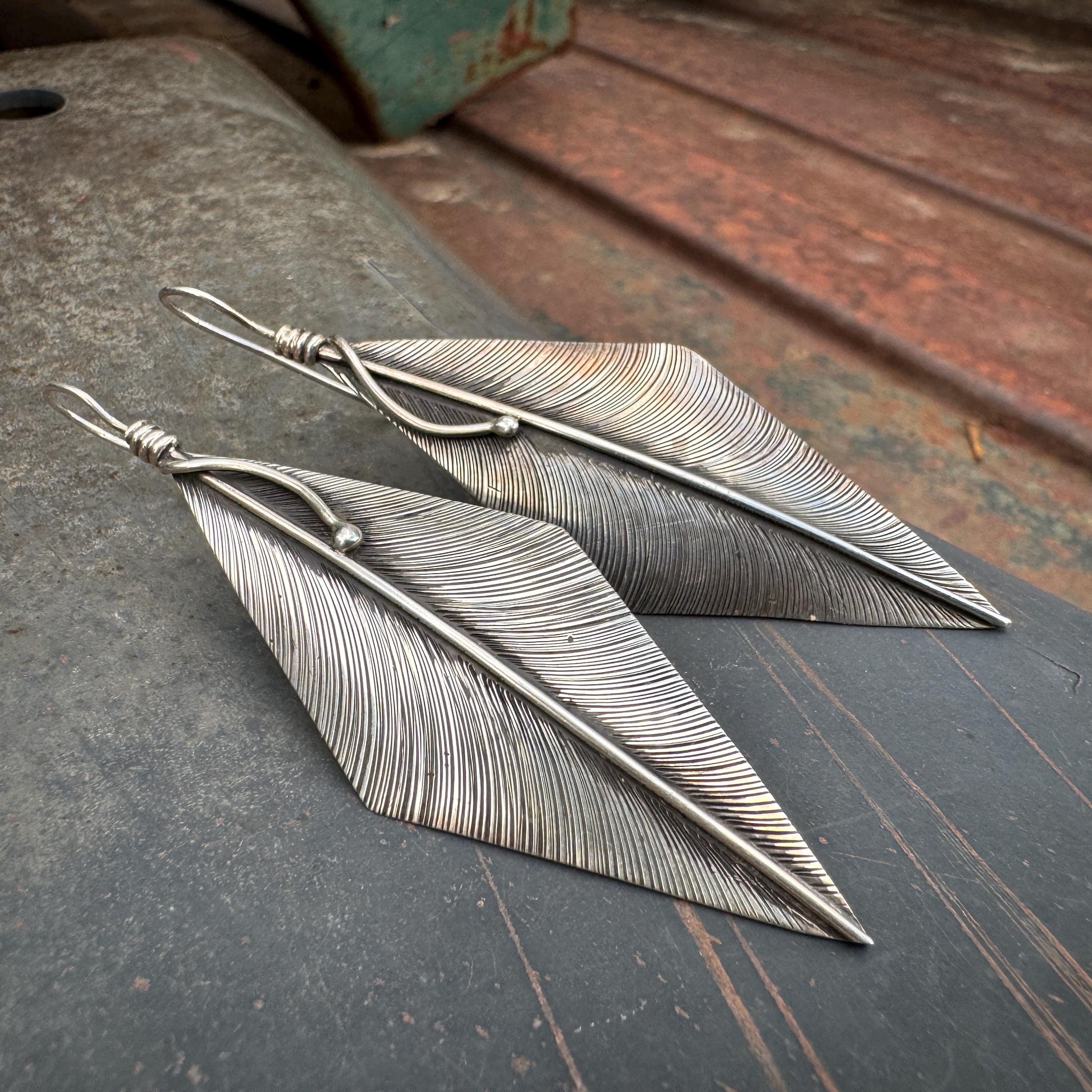 Very Long Navajo Native American Sterling Silver Feather Earrings Very Long Navajo Native American Sterling Silver Feather Earrings