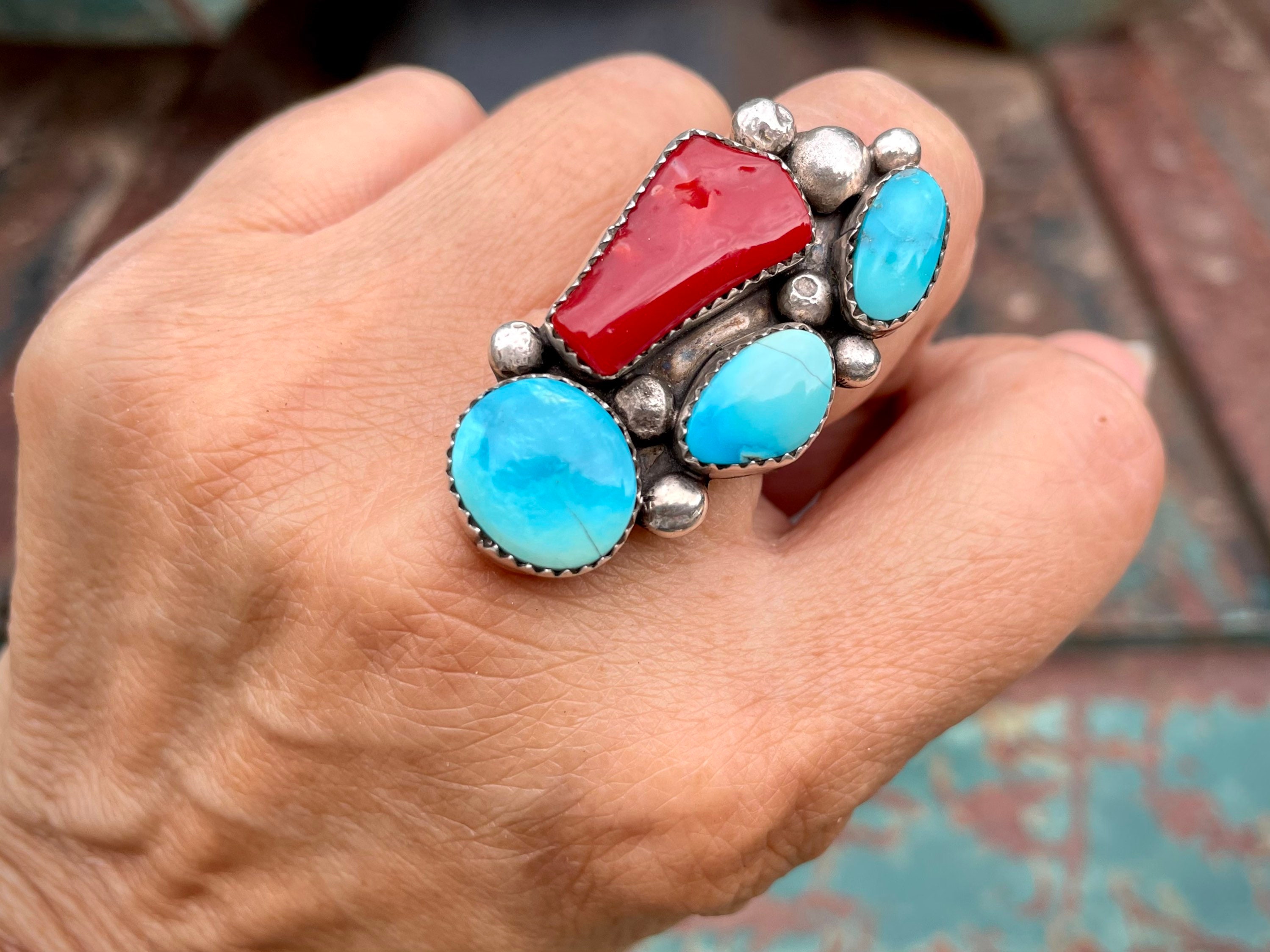Huge Navajo Coral Sterling Silver Native American Ring Huge Navajo Coral Sterling Silver Native American Ring