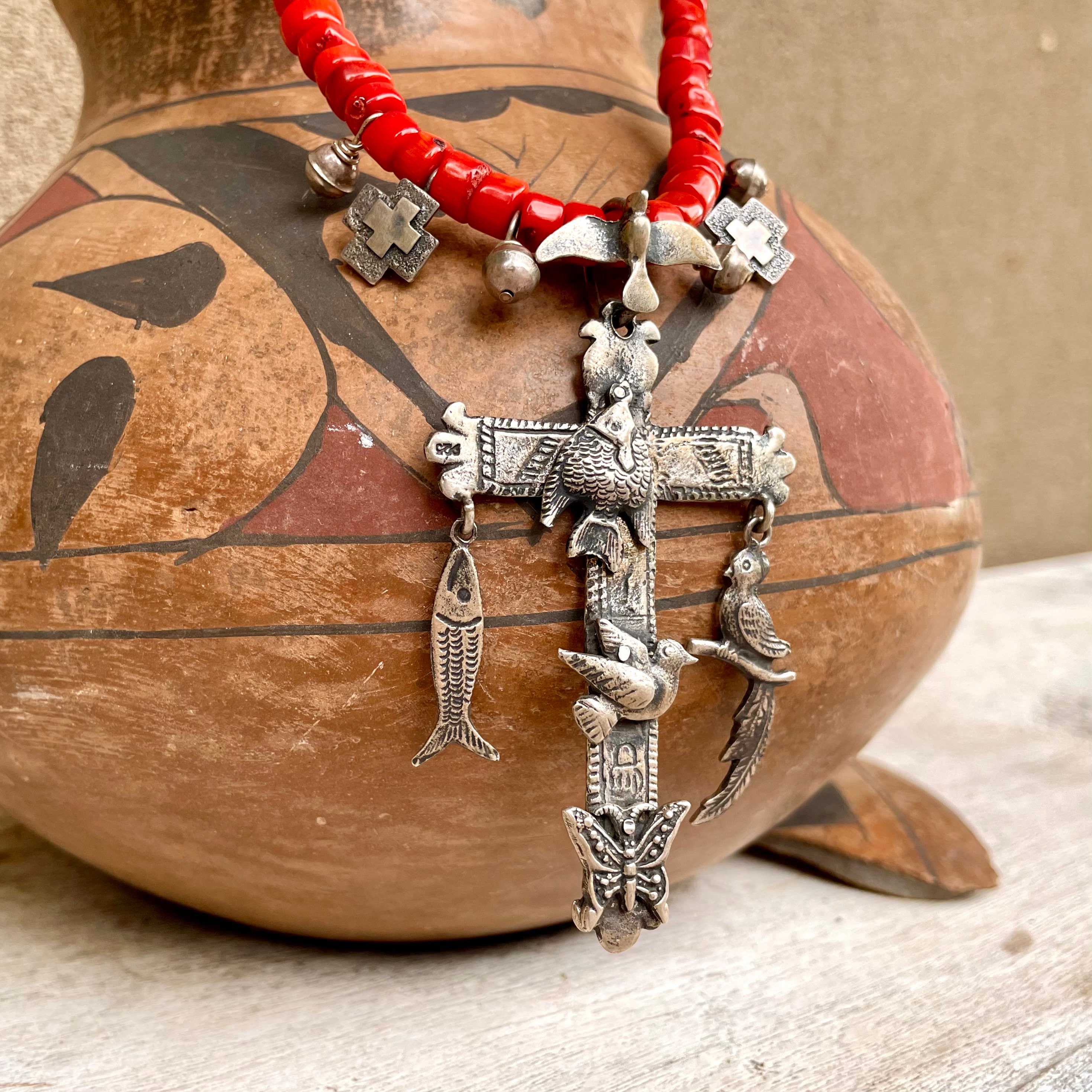 Vintage Red Coral Bead Chachal Necklace with Large 925 Silver Cross Nature Inspired Icons Mayan