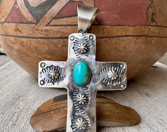 Sterling Silver Turquoise Cross Pendant by Chimney Butte, OPTIONAL Navajo Pearls 20"