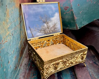 Hollywood Regency Gold Metal Keepsake Box w/ Glass Top, Fabric Stained