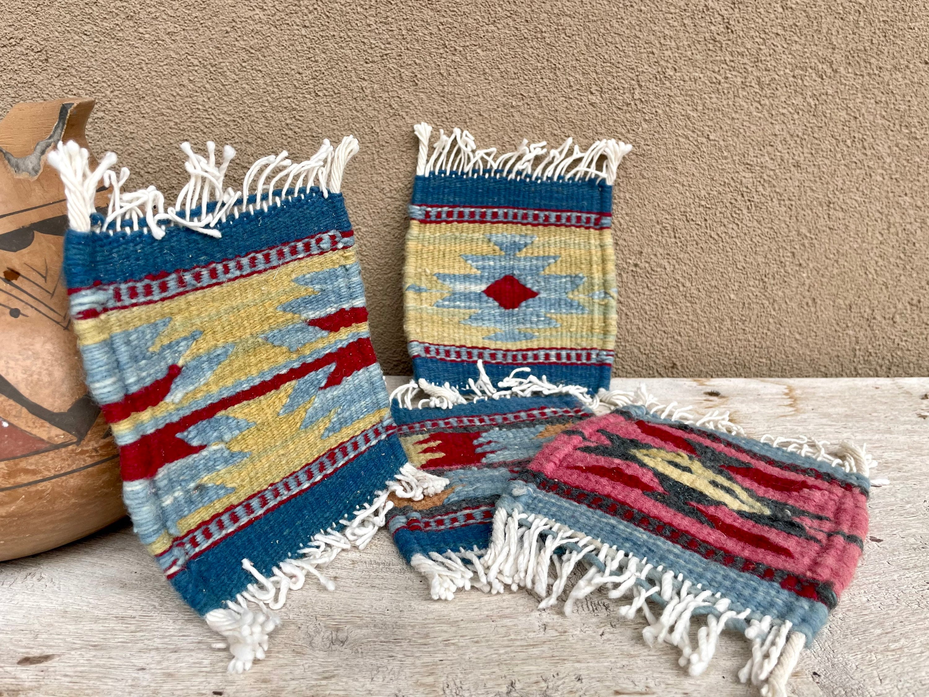 Set of Four Miniature Mismatched Woven Rug Coasters, Mexican ...