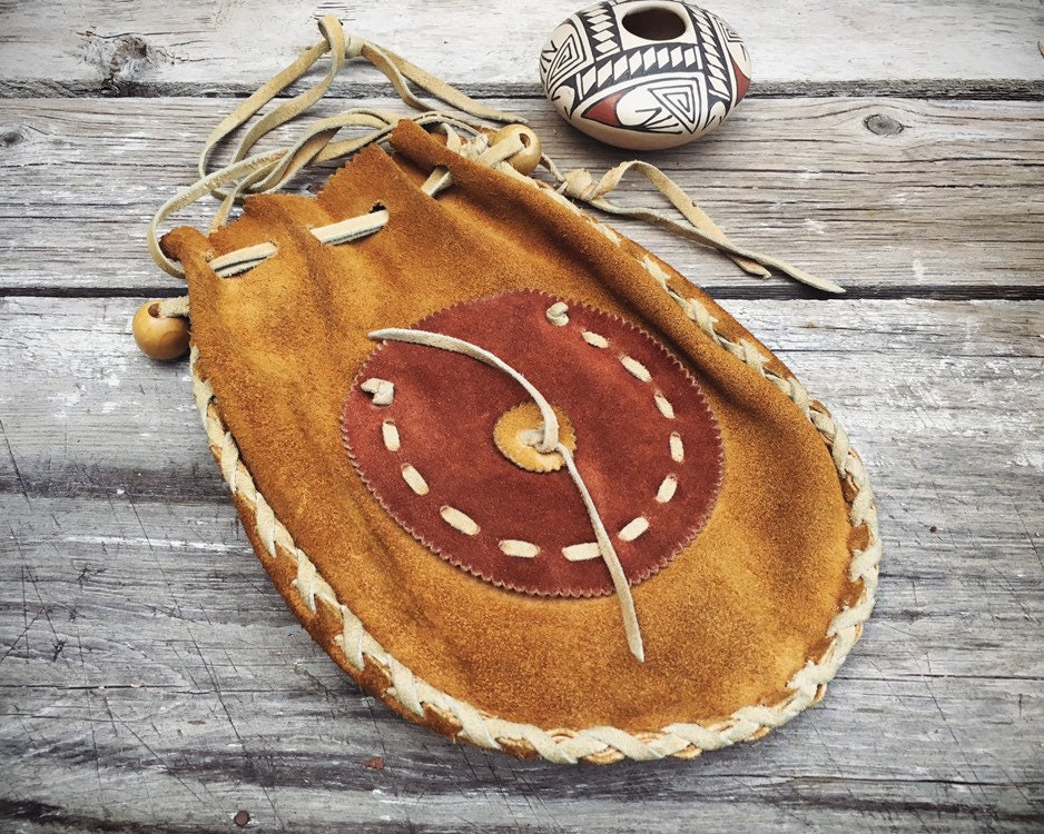 Vintage Leather Drawstring Purse Brown Suede with Buckskin Lace and ...