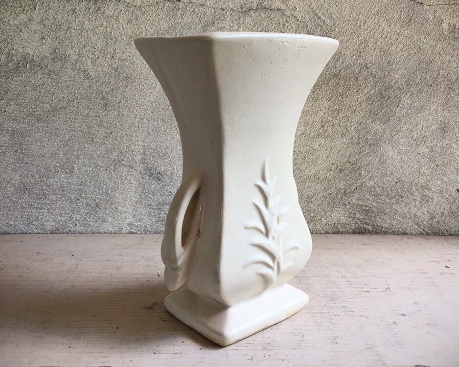 Vintage McCoy Pottery Vase Matte White Double Handle Vase Leaf Art Deco