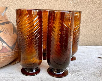 Four Vintage Amber Colored Mexican Glass Tumblers Hand Blown Swirled Narrow w/ Base, Southwestern