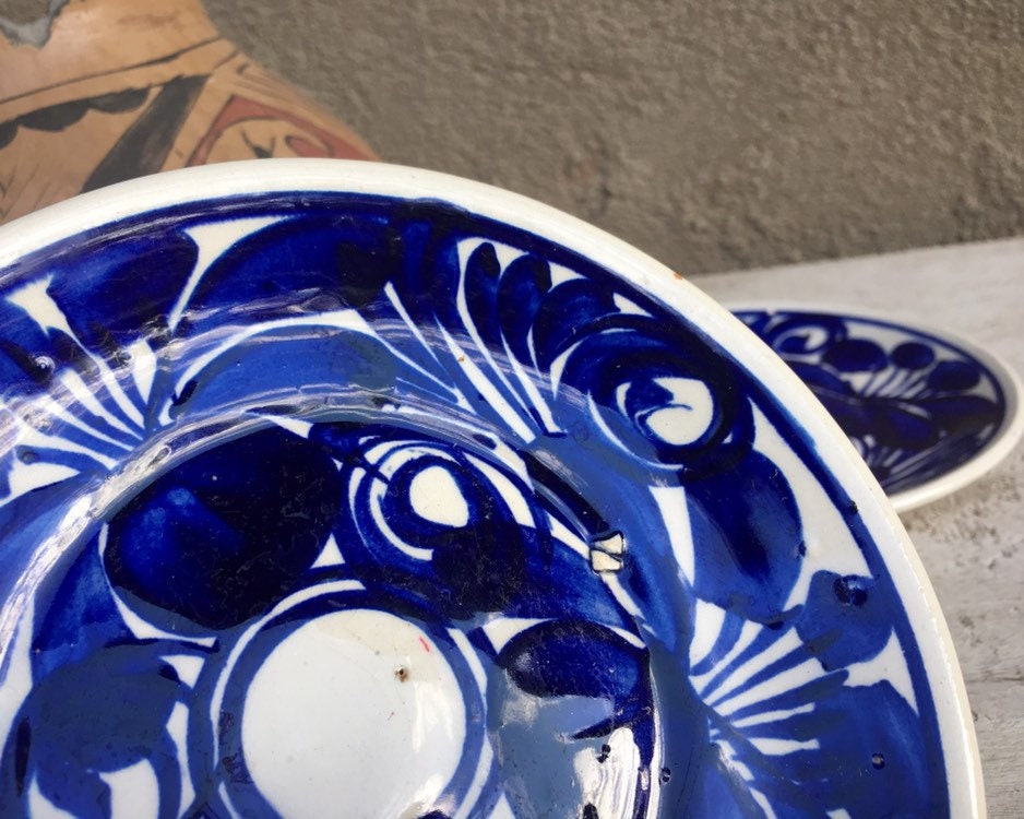 Two Talavera Saucers or Salad Plates Blue and White Mexican Pottery