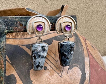 Vintage Sterling Silver Amethyst Larvikite Earrings by Greta & James Cannon, Artisan Jewelry
