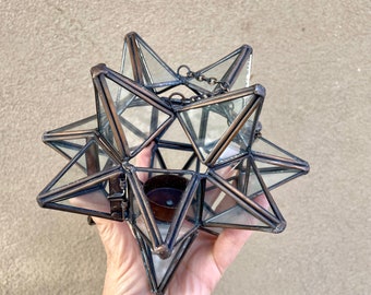 Vintage Three Dimensional Glass & Metal Star Candle Holder with Tabletop Hanger, Mexican Decor