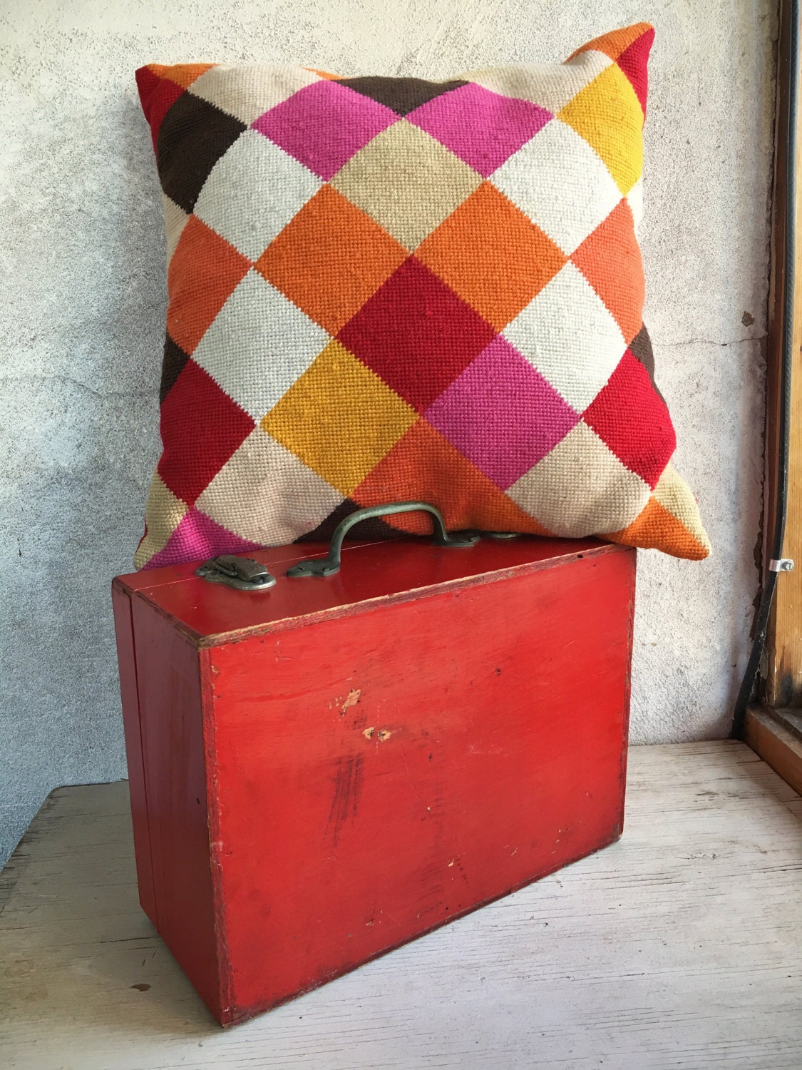 Midcentury modern MOD throw pillow 16 x 16 geometric needlepoint pillow