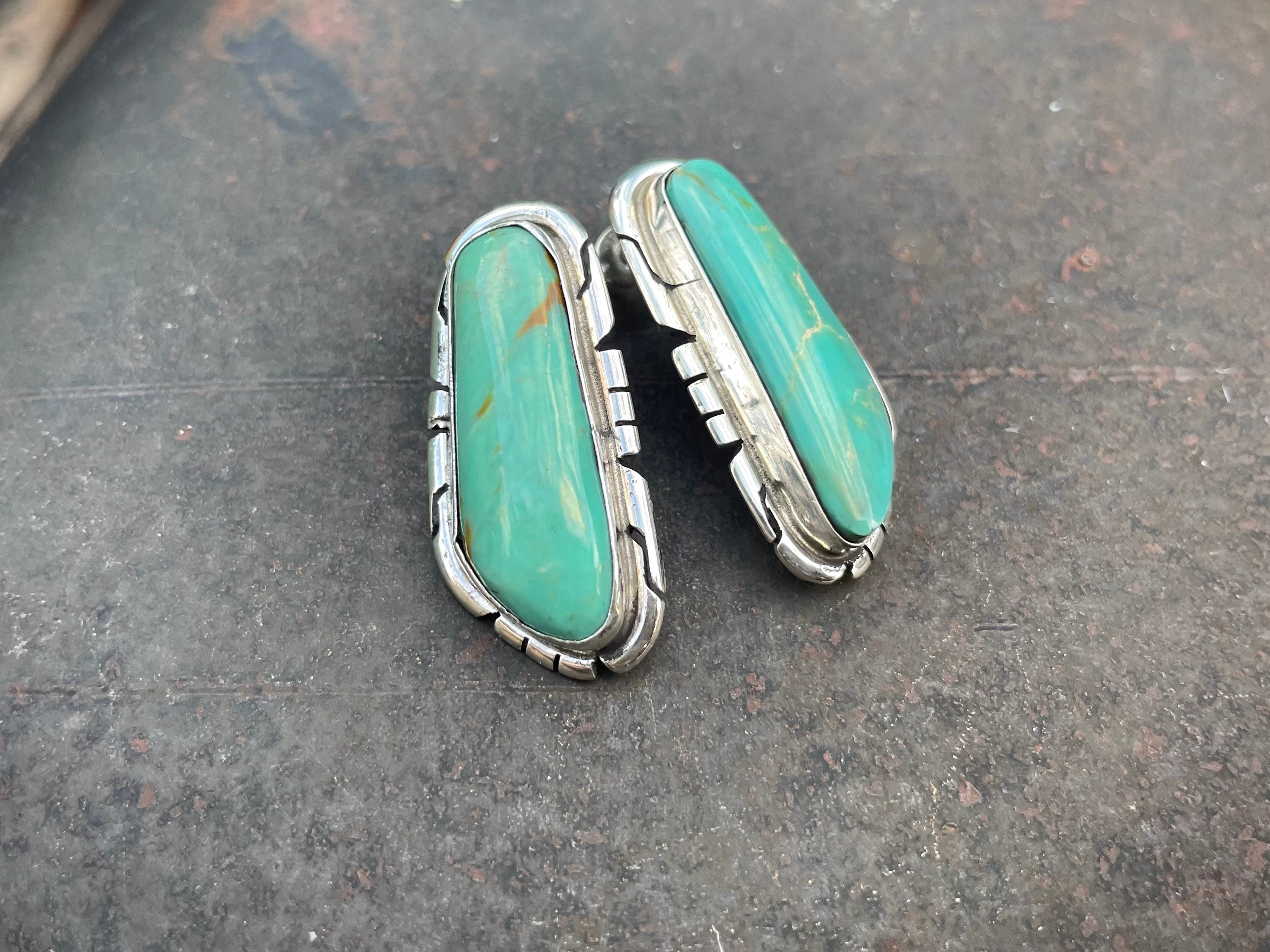 Simple Turquoise Post Earrings by Navajo P. Skeets, Slightly Mis ...