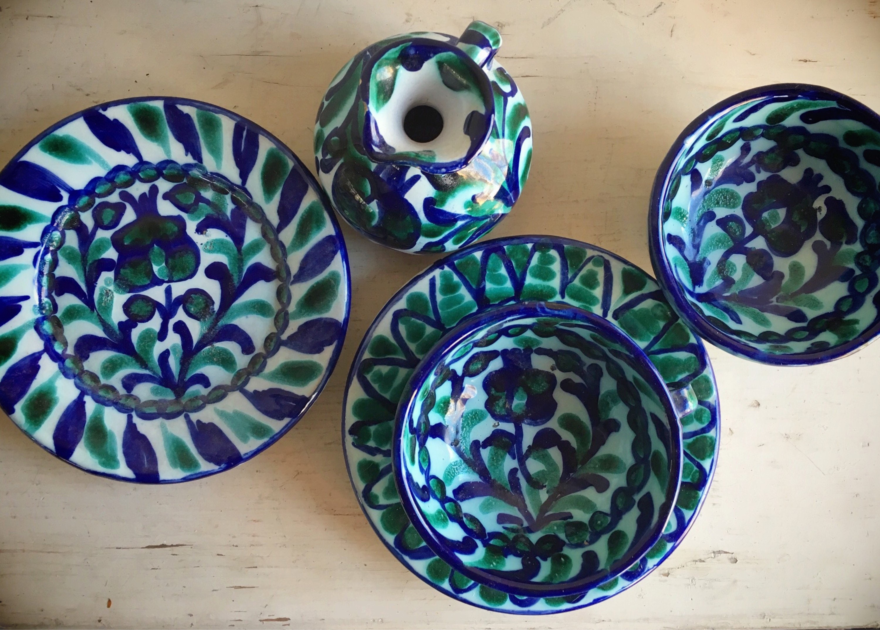 Vintage Granada Spain Pottery Cups and Saucers, Pomegranate Decor