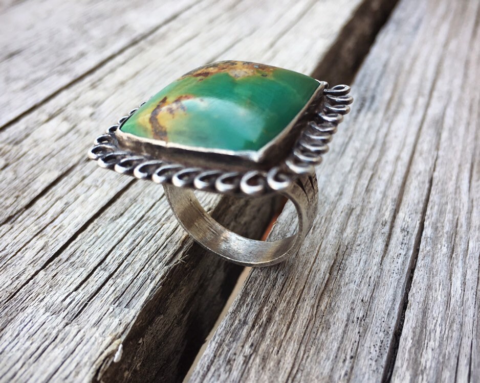 Old Pawn Green Turquoise Ring for Women Size 7.5, Early